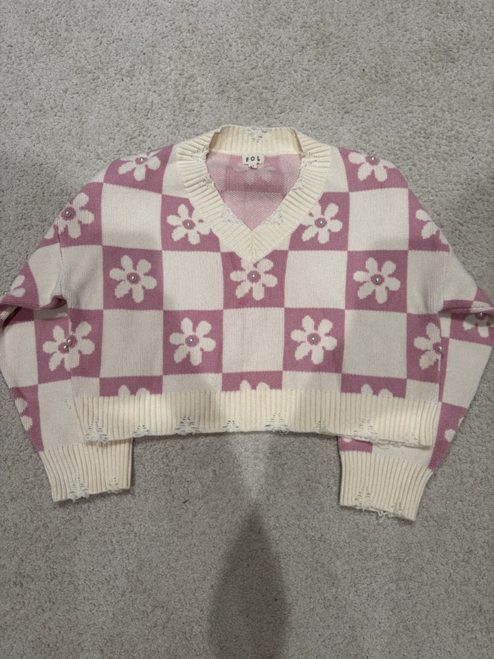 POL Cream and Pink Checkerboard Floral V-Neck Sweater